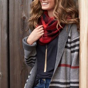 RD STYLE Cardigan W’s S Grey Hooded Cozy Open Front Longline Black Red Stripe